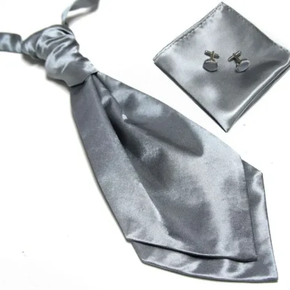 Plain Ascot Tie with Pocket Square and Cufflinks - Image 2